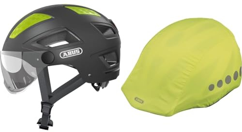 ABUS Stadthelm Hyban 2.0 ACE & Regenkappe für Helme - Regenschutz mit dekorativen Reflektoren und Gummizug - wasserabweisend – Gelb