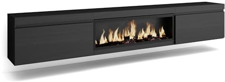 Skraut Home | Mueble TV | Televisión | Muebles de salón, almacenaje | 267x45x35 cm | para TV Gran Formato | Chimenea eléctrica XXL | Colgado, Suspendido | Estilo Moderno | Negro