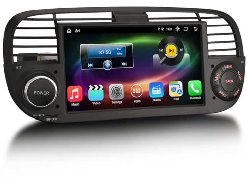 Erisin 7 pollici 8-Core Android 12 Autoradio GPS Navigatore per FIAT 500 2008-2015 Supporto Bluetooth Schermo tattile Wireless CarPlay Android Auto WiFi DAB+ DSP RDS OBD2 FM Radio Nero