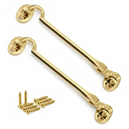 Pack 2 Brass Cabin Hook Silent Type 100mm – Heavy Duty Solid Brass Door Latch for Gates, Sheds, Windows & Cupboards – Traditional Quiet Design with Fixings