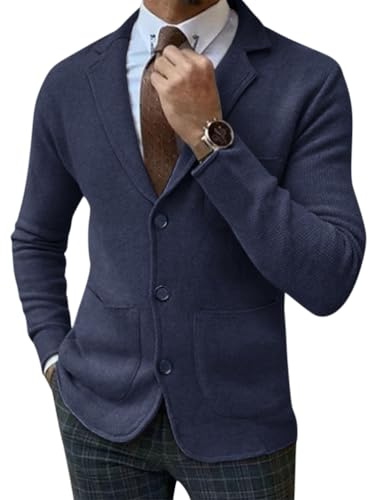 Oanviso Cardigan da Uomo Maglione con Scollo a V in Cotone Blazer a Maglia Cappotto da Lavoro Elegante Moda Maglieria Leggera Manica Lunga Casual Slim Fit Blu Scuro M