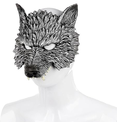 Danshinbow Tier Wolf Maske Halloween Halbgesicht Werwolf Maske Wolf Kopfschmuck 3D Maskerade Maske Cosplay Kostüm für Herren (Grau)