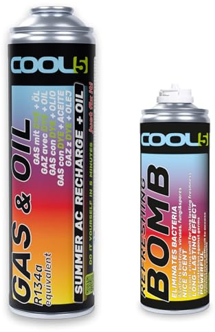 Cool5 Summer AC Recharge + Aceite - Refrigerante con aceite - Reemplazo de gas (R134a y R12) para coches 1995-2016 + Bomba de actualización