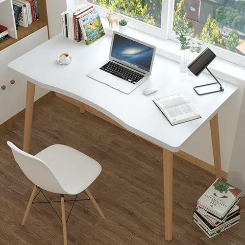 gibxiyza Home Office Desk Computer Standing Desk Small Office Desks for Bedroom Kids Gaming Desks White Table Student Wood Writing Table, With Ergonomic Edge, Spacious Desktop White