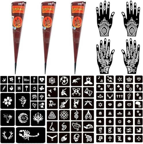 Moricher Temporary Tattoo Kits 3 Henna tattoo cones 101 Stencils Semi Permanent Tattoo Markers Jagua Gel for Women Men Kids DIY Art Painting Party Gifts