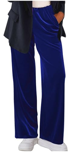ANHATUIV Samthose für Damen, weites gerades Bein, Velours, Palazzo-Hose, Baggy, legere Arbeitshose, einfarbig, lockere Sweathose, elastische Hose, Büro, 01 blau, XL