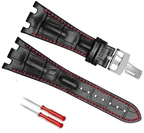 honyeuk 28 mm Leder-Uhrenarmband für AP Abbey Royal Oak AP15710 15703 Herren-Uhrenkette mit Kerbe(Black red)