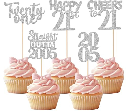 SYKYCTCY 30 Pack Happy 21st Birthday Cupcake Toppers Glitter Twenty-One Straight Outta 2005 Cupcake Picks for Cheers to 21 Years Birthday Anniversary Party Decorations Supplies
