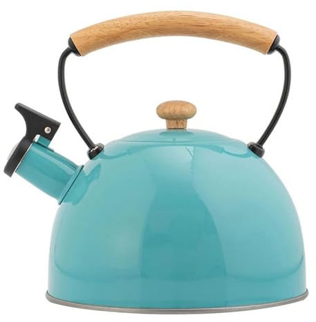 Bouilloire sifflante bleue de 2,8 l – Acier inoxydable 304 durable avec poignée en bois résistante à la chaleur pour toutes les cuisinières