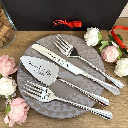 Miros Company Individuell graviertes Tortenheber- und Messer-Set – Perfektes Hochzeitsgeschenk für Brautpaare – Zum Jahrestag oder Geburtstag – Silberfarben, in stilvoller Geschenkverpackung