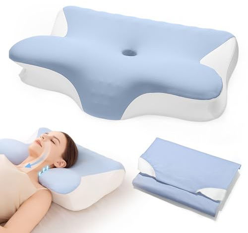 Restnature Orthopädisches Nackenkissen Kopfkissen - Memory-Schaum-Kissen mit Höhenverstellung für Seitenschläferkissen, Rücken- & Bauchschläfer, Ergonomisches Nackenstützkissen mit Bezug (Blau)