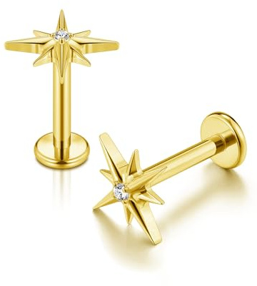 PiercingJak 2Stk Helix Piercings Gold F136 Titan Ohrstecker mit Dreieck Stern Lippenpiercing Labret Ohr Klein Tragus Knorpel Stud Piercing Stäbe Stecker 16g 8mm