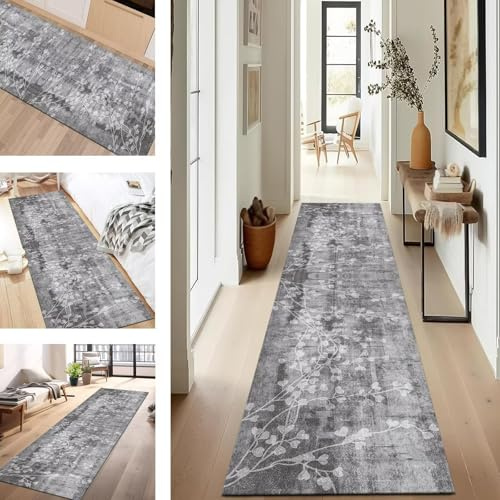 SUCERU Teppich Läufer Flur Küche rutschfest Waschbar Schmutzfangläufer Dauerhaft 80X200CM Grau Korridor Teppichläufer Flurteppich für Wohnzimmer Schlafzimmer Büro Esszimmer Küchenläufer