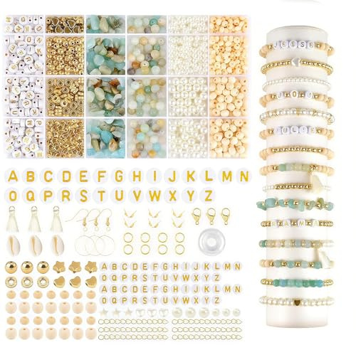 Uncle Yang Schmuck Bastelset mit Natursteinen – DIY Perlen Set mit Amazonit & Buchstabenperlen, 25 Fächer, Schmuckherstellung für Armbänder Halsketten, Geschenk für Kinder & Erwachsene