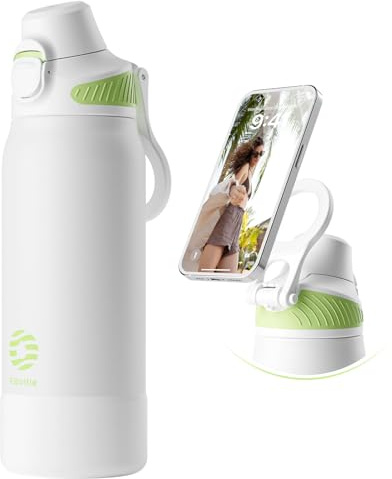 Fjbottle Borraccia in acciaio inox con cannuccia e coperchio, 600 ml/700 ml/1 l, con manico magnetico come supporto per telefono, coperchio a scatto con un clic, senza BPA, a prova di perdite, in