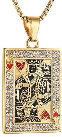 AsAlways Playing Card Necklace for Men Stainless Steel Hip Hop Gold Poker Card King of Hearts Necklace Casino Bar Jewelry Gift