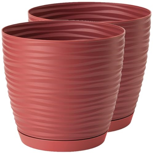Home Garden Ornaments Plant Pots Indoor – Set of 2 Plastic Flower Pots with Saucer and Drainage Holes, Decorative 3D Wave Design (Red, 13cm / 5.1 inch)