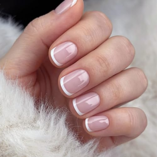 24Pcs French False Nails - Short Press On Nails French Tip - Full Cover Nude White Tip Square Stick On Nails - french Fake Nails with Glue for Women and Girls Nail Art DIY