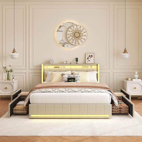 BRYXR Polsterbett 140x190 cm mit LED-Kopfteil, USB-Ladefunktion und Lattenrost, 4 praktischen Schubladen und stilvollem Design,Ideal für Jugendzimmer und Moderne Räume,Ohne Matratze