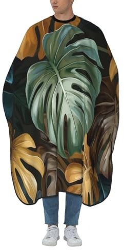 Woshuwo Brown Yellow Tropical Monstera Leaves Hair Cutting Apron,Salon Barber Apron For Adult