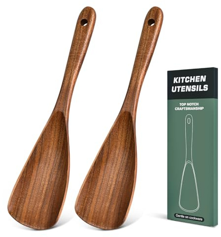 2Pcs Wooden Spatula Spoon, Multifunction Cooking Spoon for Nonstick Cookwares, Heat Resistant Acacia Wooden Spoon Spatula for Cooking, Mixing, Scooping, Scraping, BPA-Free, 11.6 x 2.8 Inch