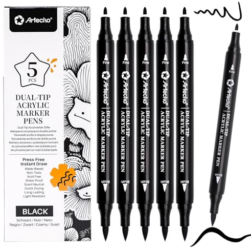 Artecho Acrylstifte 5 Schwarz Farben, 0.5-5mm Wasserfester Dual Tip Marker (Pinsel und feine Spitze), mit doppelten Enden für Rock Painting, Glas, Papier, Holz, Ei, Leinwand