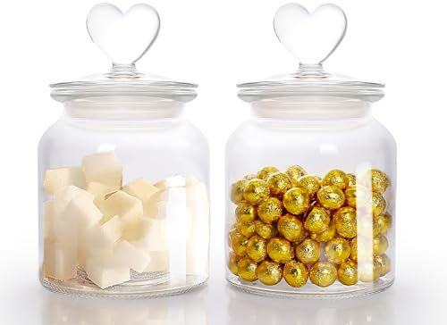 Frascos de Vidrio con Tapa en Forma de Corazón,Juego de 2 Tarros de Cristal con Tapa Hermética,650ml Botes de Cristal para Barras de Chocolate,Cocinas,Galletas,Dulces y Granos de Café
