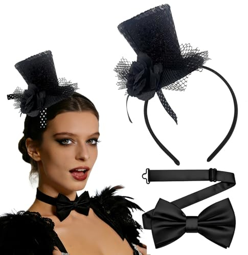 Zylinder Hut Schwarz Haarreif Set, Mini Top Hut Haarreif mit Schwarz Fliege, Karneval Haarschmuck für Mädchen und Frauen, Kopfschmuck für Mottoparty, Kostüm Accessoire für Party Fasching Halloween