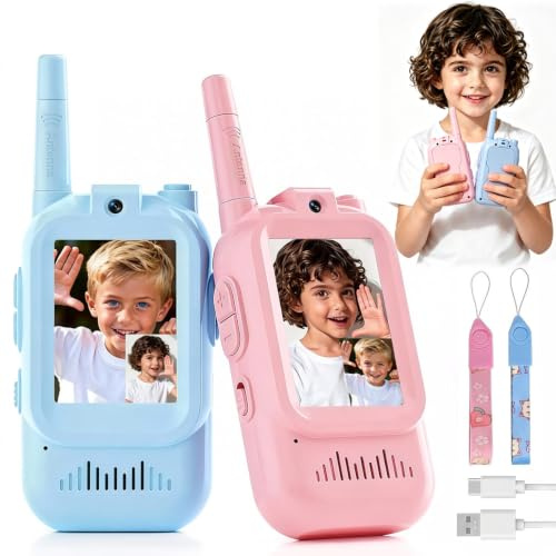 Video Walkie Talkie Kinder, Set de 2 Walky Talky Kinder con Pantalla de Color y cámara Recargable Regalo Juguete 3 + Muchachos y niñas, 200m de Alcance Walki Talki para Aventuras al Aire Libre ﻿