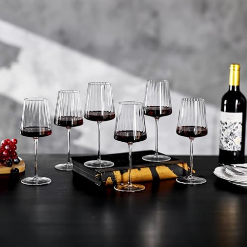 Imourari Rödvinsglas räfflade, set om 6 – 400 ml munblåsta, blyfria kristallvitvinsglas med handtag – vinglas för rödvin vitt vin gin
