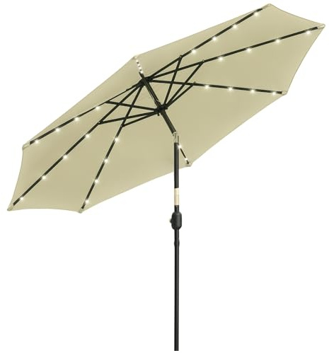Outsunny Ombrellone da Giardino Inclinabile Ø265 cm con 32 Luci LED Solari e Manovella, Ombrellone da Esterno a 8 Stecche, in Acciaio, Poliestere, per Patio Cortile Balcone Terrazza, Beige