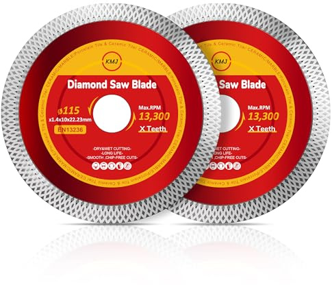 KMJ A-Grade 2 Pack Mesh 115mm Diamond Cutting Disc – Wet Tile Cutting Disc for Angle Grinder, Ideal for Marble, Tiles, Ceramic & Porcelain Cutting - Size 115 x 1.4 x 10 x 22.23 mm
