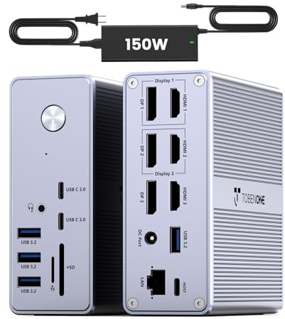 TobenONE DisplayLink Docking Station Triple 4K Monitors with 120W Charger | Aluminum Dock Stand with 3 HDMI, 3 DP, 6 USB A/C, SD/Micro SD, RJ45, for MacBook Pro/Air/Neo, Thunderbolt 4/3, USB-C Windows