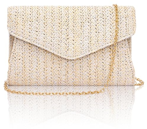 Toptime Clutch Bags for Women, Envelope Straw Clutch Bag with Detachable Chain, Stylish Small Cross Body Bag with Natural Handmade Woven, Beige Summer Straw Handbag for Holiday Party Wedding Prom