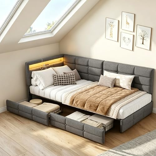 DULRLLY Letto Divano Singolo Contenitore con Cassetti, LED e Ricarica USB