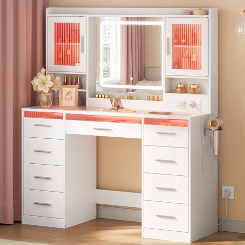 WOLTU Tocador con Espejo y Luz, Mesa Maquillaje con Luz RGB en 3 Colores, Encimera y Puertas de Vidrio Templado, Tocador con 9 Cajones y Enchufes, Ideal para Vestidor y Dormitorio, Blanco