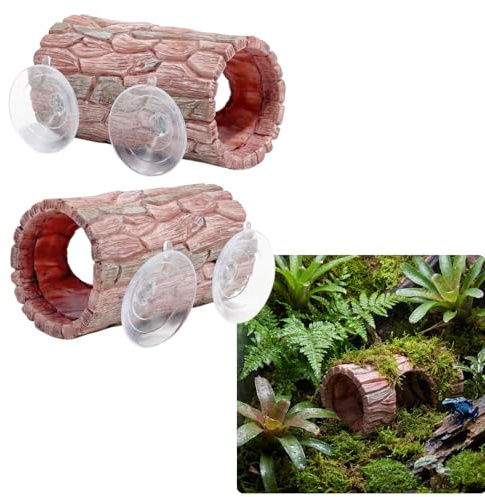 2 Pack Reptile Hide, Plastic Hollow Hideout with Powerful Suction Cup | Amphibian Habitat Hideouts, Reptile Tank Accessories with 4 Suction Cups for Frogs Hermit Crabs Lizards & Snakes 14.8×8CM