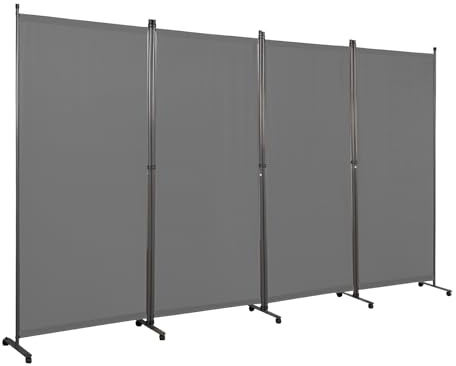 Angel Living Biombo con Ruedas 324 x 180 cm, Divisor de Habitaciones con 4 Paneles, Biombo Plegable, Decoración Elegante, Separador de Ambientes Plegable (Gris)