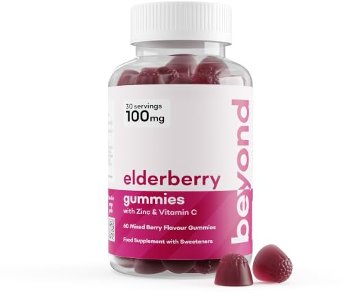 Beyond Elderberry Gummies with Vitamin C & Zinc – Sambucus Black Elderberry Extract – Vegan, Gluten Free, Non-GMO, Mixed Berry Flavour, 60 Gummies