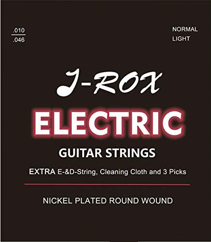 J-ROX Gitarrensaiten E-Gitarre - Premium Nickel Saiten für die E-Gitarre/elektrische Gitarre + Extra E-Saite + Extra D-Saite + Reinigungstuch + 3 Picks – Gitarren Saiten