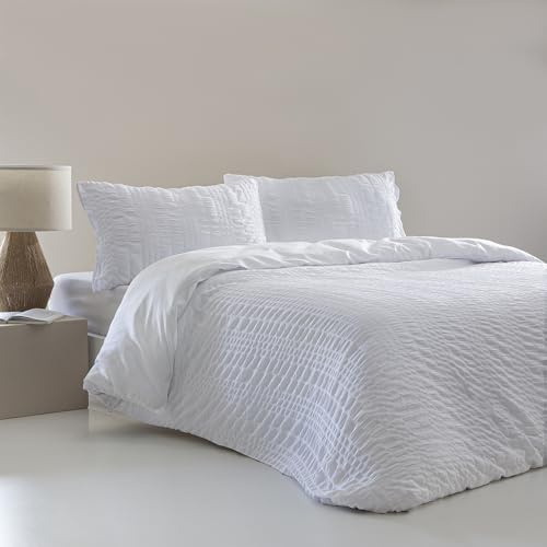 COTTON ARTean Housse de couette pour lit 150 cm Seersucker Blanc Housse de couette 240 x 220 cm + 2 taies d'oreiller Tissu Bambula Fermeture éclair