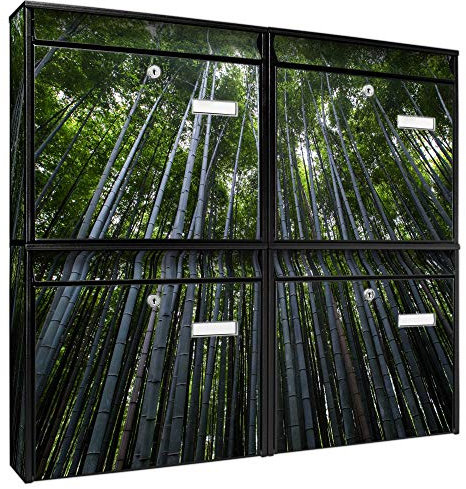 banjado Briefkastenanlage 4 Fach - Postkästen groß - verzinkter Stahl schwarz DIN A4 Motiv Bambuswald - Briefkasten Set 4 Briefkästen Namensschild, 2 Schlüssel, Montagematerial