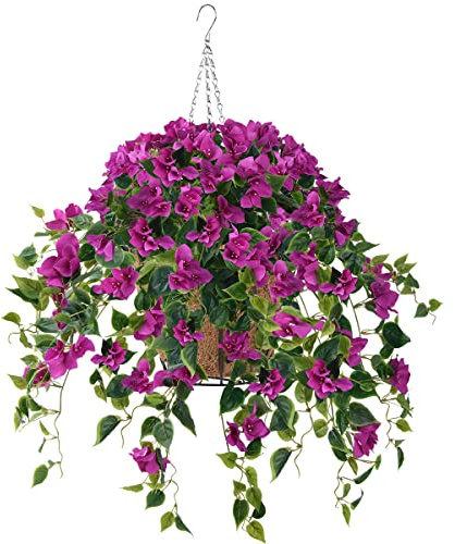 Homsunny Artificial Hanging Flowers Plants Basket for Outdoor Decoration,4 PCS Faux Silk Bougainvillea Vine Flowers Look Real UV Resistant for Outside Porch Patio Yard Garden Decor (Purple)
