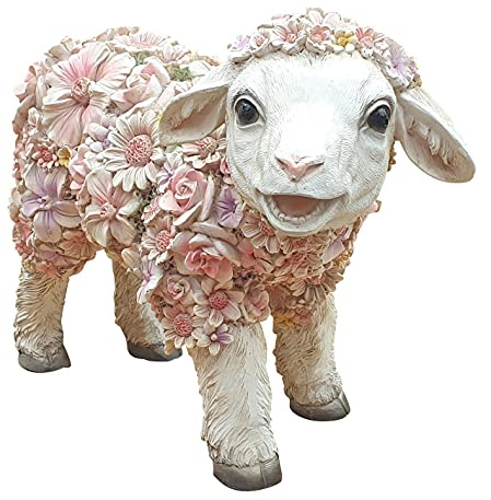 Fachhandel Plus Gartenfigur mit Blumen Blumentiere als Gartenfiguren für draußen wetterfest Tierfiguren mit Blüten Deko für Beet Terrasse Balkon (mittel, Schaf stehend)