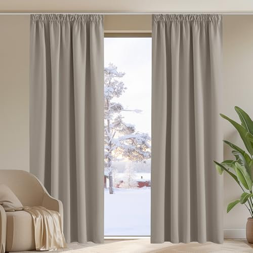 PONY DANCE Wohnzimmer Vorhang Verdunkelung Kräuselband 2er Set H 245 x B 140 cm Sandfarben, Verdunklungsvorhänge für Schiene Thermovorhang Kälteschutz Übergardinen Blickdicht