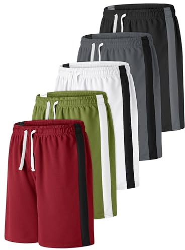 Resinta Sport-Shorts für Jungen, Basketball, Sport-Shorts, schnelltrocknend, Netzkleidung, Kinder, Fußball, Fitnessstudio, 5 Stück, Schwarz, Grau, Weiß, Burgunderrot, Dunkles Olivgrün, 8- 10 Jahre