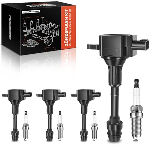 Frankberg 4x Zündspule Zündkerzen Satz Benzin 3-Polig Schwarz | Kompatibel mit Primera P12 WP12 2.0L 2002-2008 X-Trail T30 2.0L 2.5L 2001-2013 Replace# 224488H300