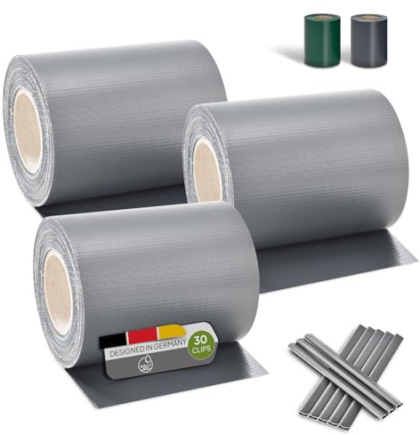 Juskys PVC Sichtschutzstreifen Doppelstabmatten Zaun 3er Set - 3 Rollen á 35m x 19cm - 90 Befestigungsclips - Zaunfolie Sichtschutz Windschutz - hellgrau