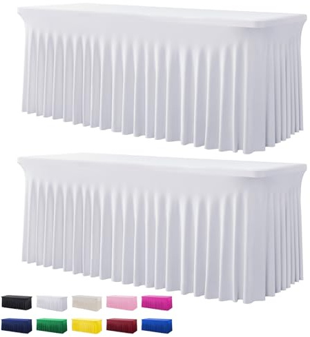 2 Pack White Spandex Table Clothes for 6 Foot Rectangle Tables, Wrinkle Free Fitted Table Cover 6ft Stretch Tablecloths Desk Skirt for Parties Weddings Birthday Banquet Baby Shower