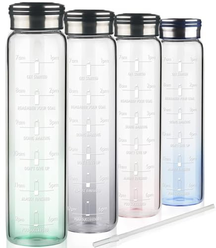 Cleesmil 1 litre Glass Water Bottle with Straw & Motivational Time Markings BPA Free Glass Drinking Bottle 1l with Neoprene Sleeve (Gradient Green)
